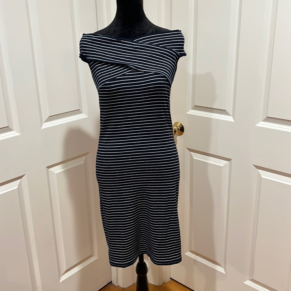 Sugar & Cream, woman’s, navy & white striped dress. Size small. NWT.